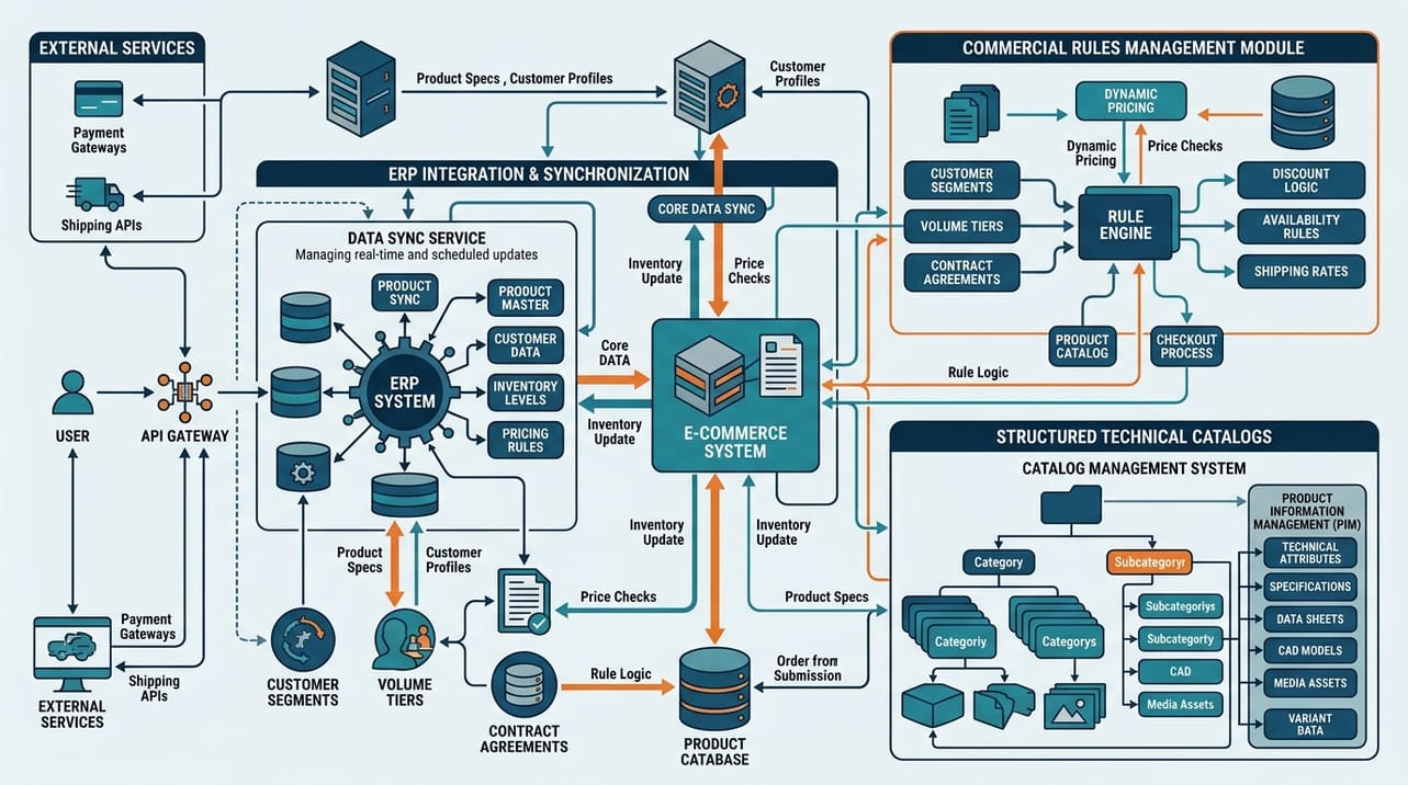 Diagrama de arquitetura de um site B2B industrial com integração de ERP, gerenciamento de regras comerciais e catálogos técnicos estruturados.
