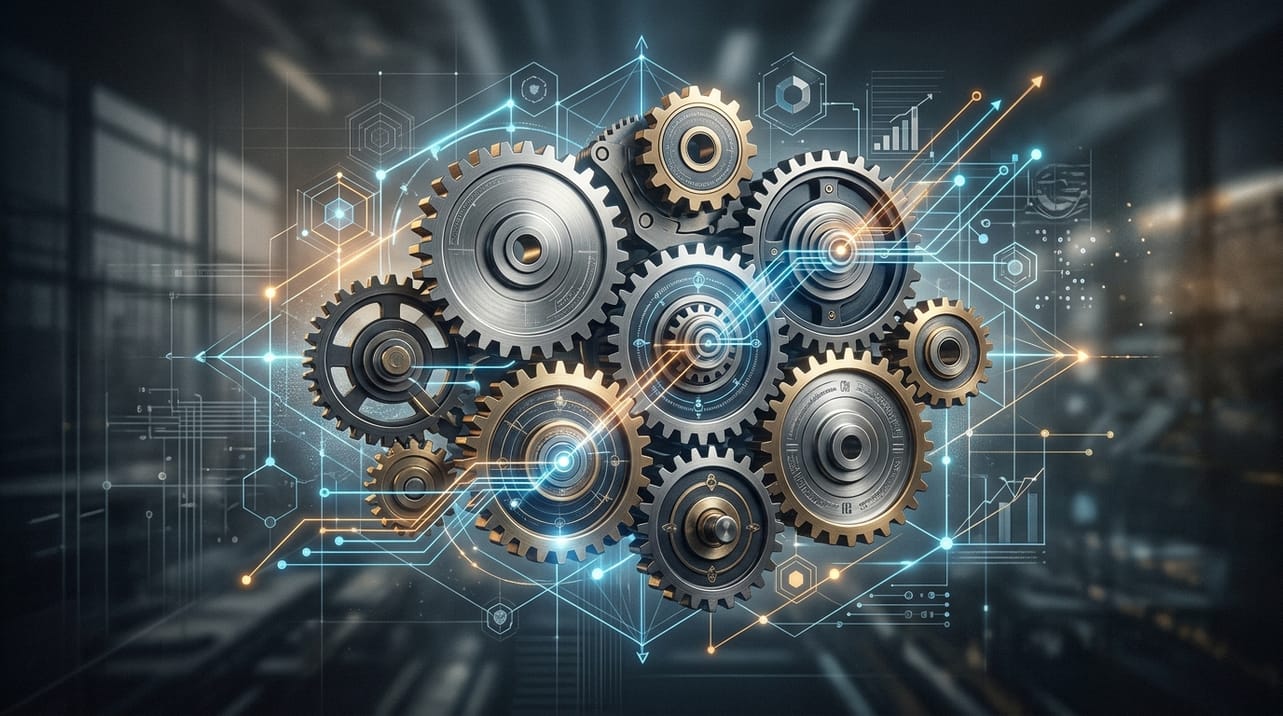 Engrenagens e elementos gráficos simbolizando a interconexão da estratégia de branding industrial com o propósito e valores da empresa no mercado B2B.