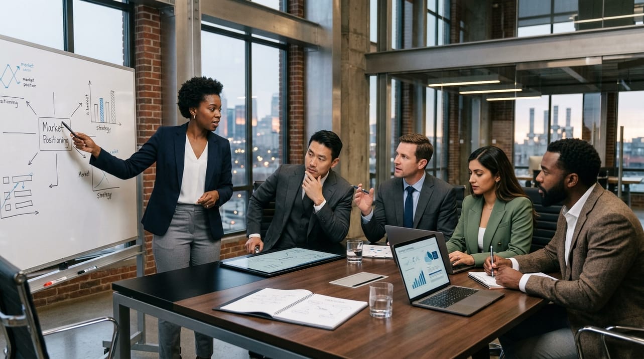 Profissionais discutindo estratégia de branding industrial em ambiente corporativo, simbolizando a complexidade e profundidade necessárias para posicionar uma marca B2B.
