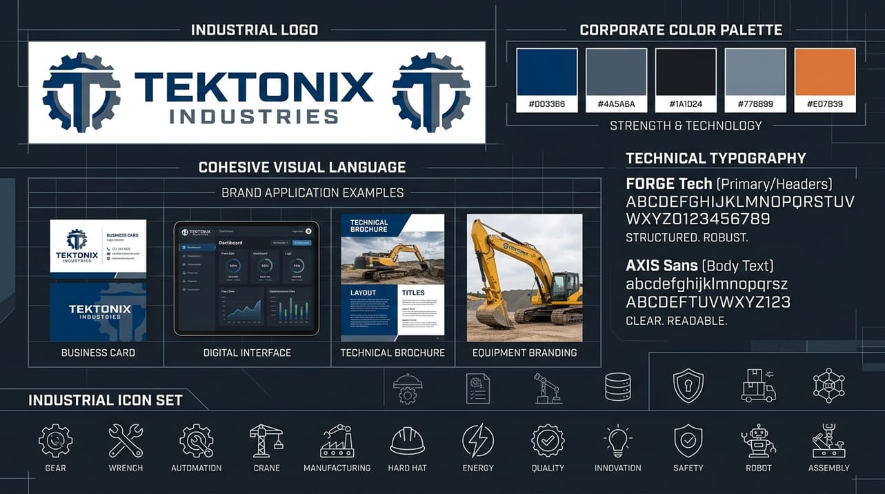 Representação gráfica de elementos de identidade visual industrial, incluindo logotipo, paleta de cores, tipografia e ícones, ilustrando a coerência da marca B2B.