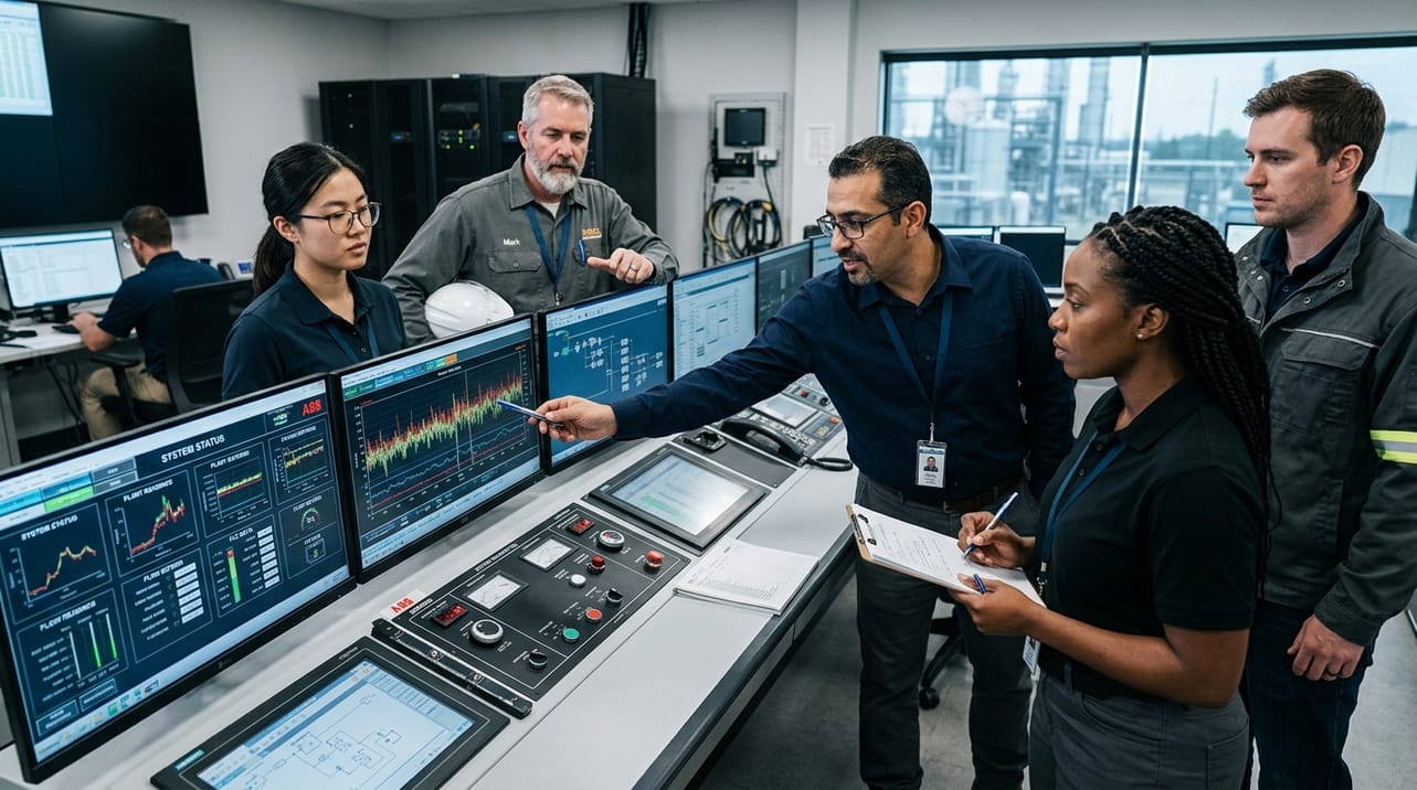 Engenheiros e gestores analisando um painel de controle industrial, ilustrando a tomada de decisão técnica do público-alvo B2B para soluções industriais.