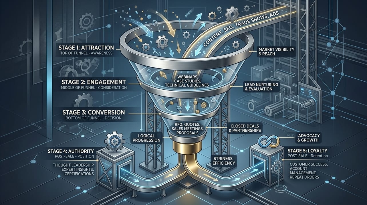 Representação visual de um funil de marketing B2B industrial, ilustrando as etapas da jornada do cliente desde a atração até a conversão e construção de autoridade.