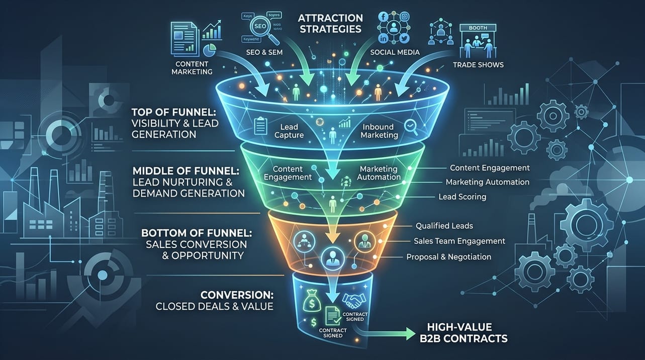 Ilustração do funil de marketing e vendas para geração de demanda qualificada na indústria B2B, conectando estratégias de atração com a conversão de contratos de alto valor.