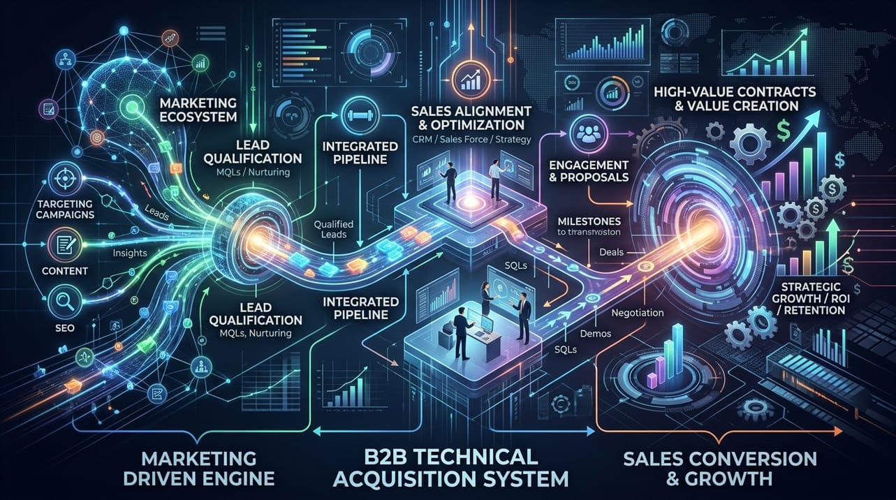 Representação visual do sistema de aquisição corporativa, conectando marketing e vendas para gerar leads qualificados e contratos de alto valor na indústria B2B.