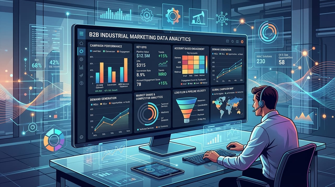 Dashboard de análise de dados com métricas de marketing industrial, ilustrando o foco em tomada de decisão baseada em dados para otimização de campanhas B2B