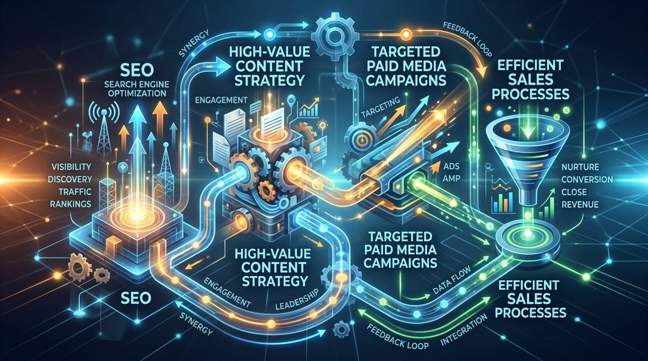 Representação visual do sistema de aquisição de clientes da RudekWydra, mostrando a integração de SEO, conteúdo, mídia paga e vendas para a indústria B2B.