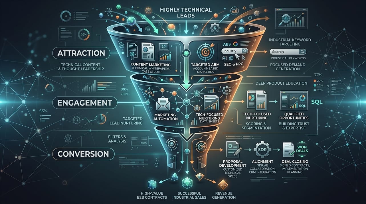 Representação visual do funil de vendas B2B industrial, destacando as fases de atração, engajamento e conversão de leads técnicos e qualificados.