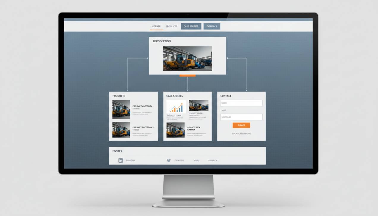 Estrutura de um site industrial moderno com seções para produtos, estudos de caso e contato, evidenciando uma arquitetura de informação otimizada para o setor B2B.